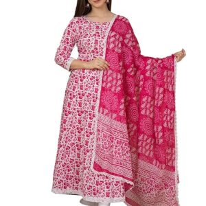 MEERA FAB Women's Cotton Printed Anarkali Kurta with Palazzo & Dupatta Set